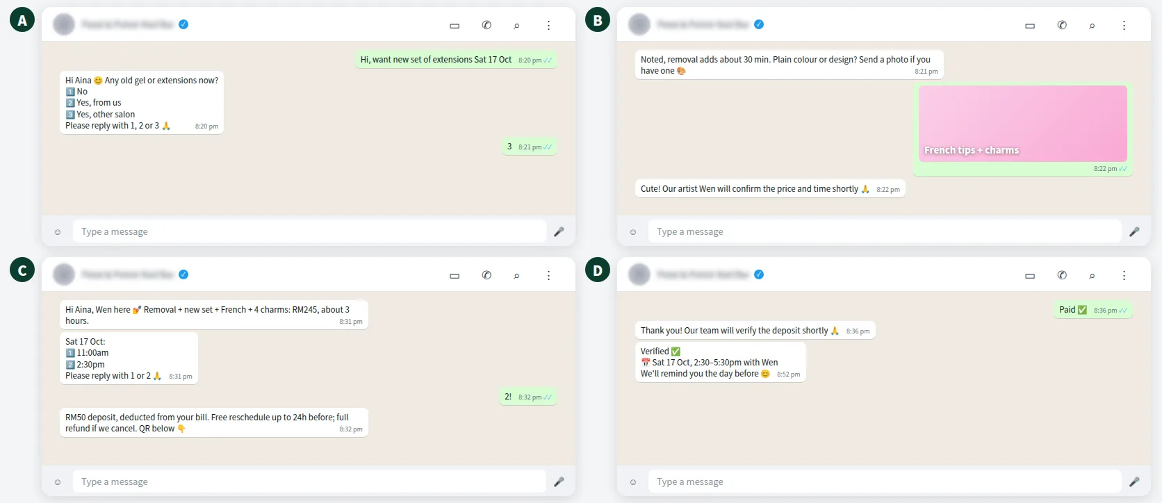 Example WhatsApp chat of a nail salon booking with removal check, design quote and deposit