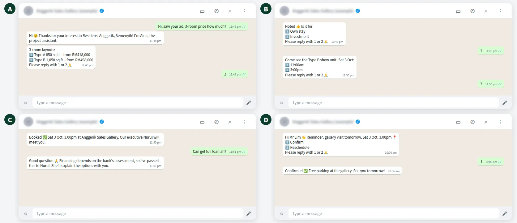 Example WhatsApp conversation for a new property launch: enquiry, layout choice, gallery booking and reminder