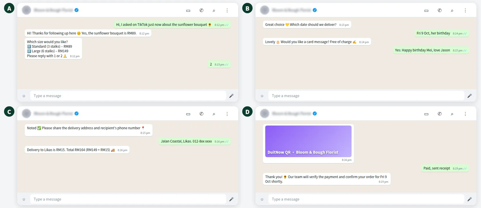 Example WhatsApp order conversation for a florist after the customer first asked on TikTok