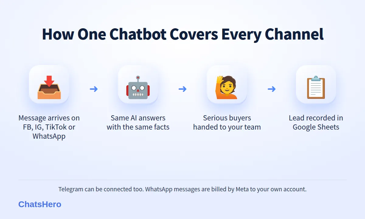 Four-step omnichannel chatbot flow: messages from Facebook, Instagram, TikTok and WhatsApp answered by one AI and recorded in Google Sheets