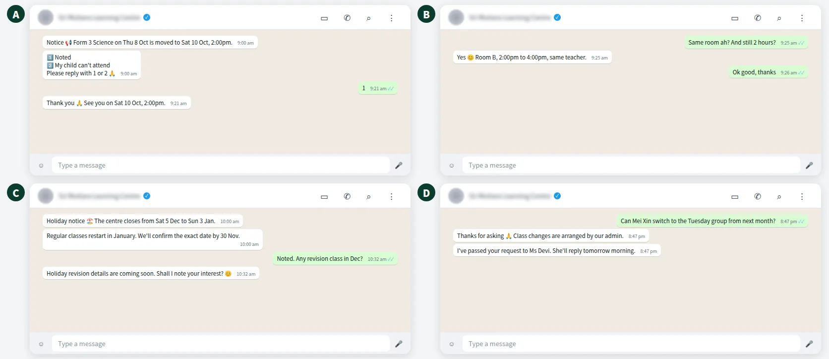 Example WhatsApp conversation: tuition centre class change notice and holiday notice with parent replies