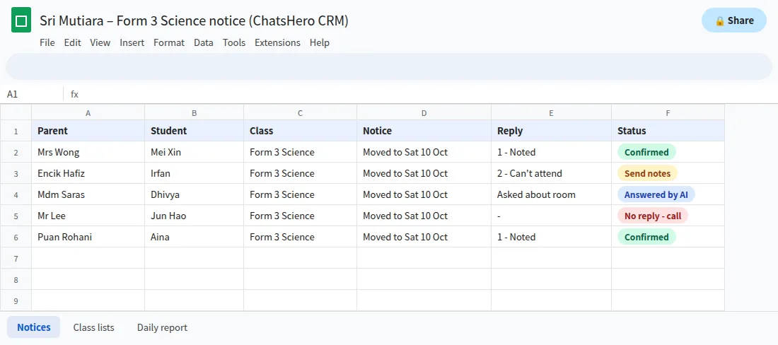 Google Sheets list of parent replies to a WhatsApp class change notice
