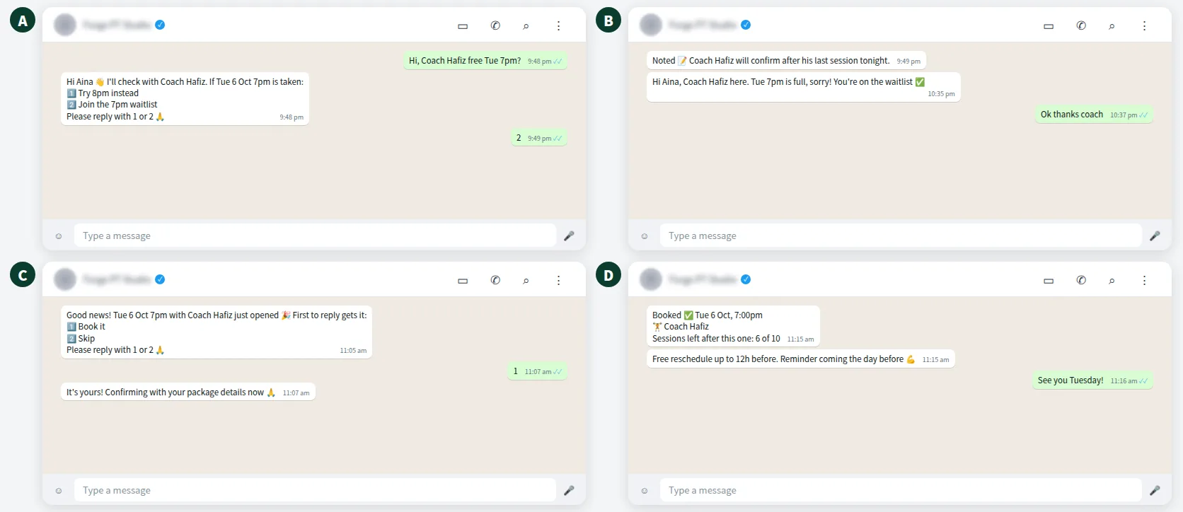 Example WhatsApp chat of a personal trainer booking with a waitlist and session balance