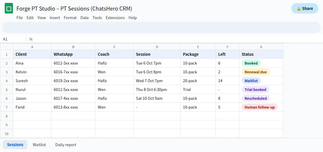 Google Sheets record of PT session bookings, package balance and waitlist from WhatsApp