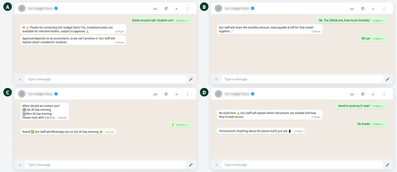 Example phone instalment enquiry on WhatsApp answered with subject-to-approval wording and a staff callback