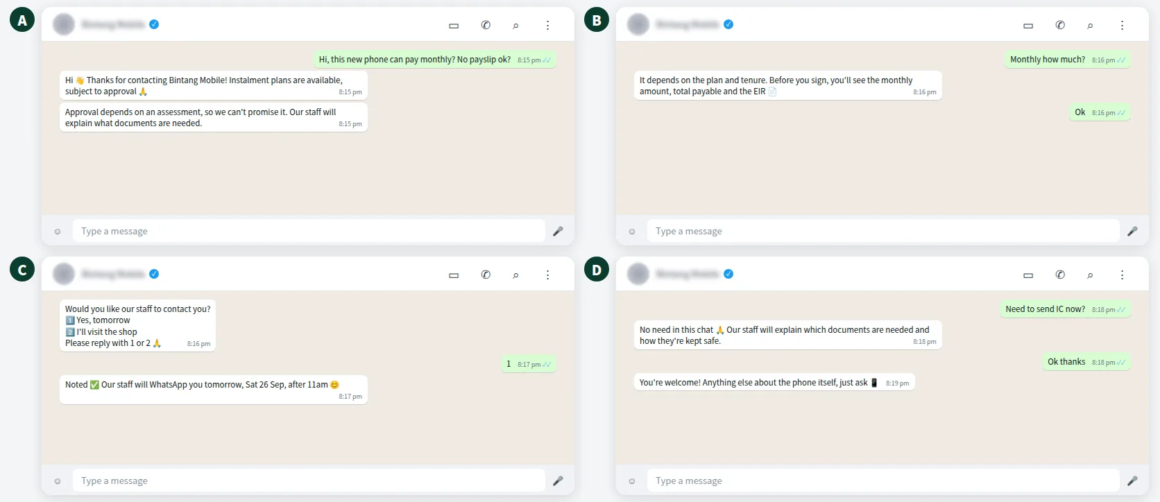 Example compliant phone instalment WhatsApp conversation: subject to approval, EIR disclosure and staff handover