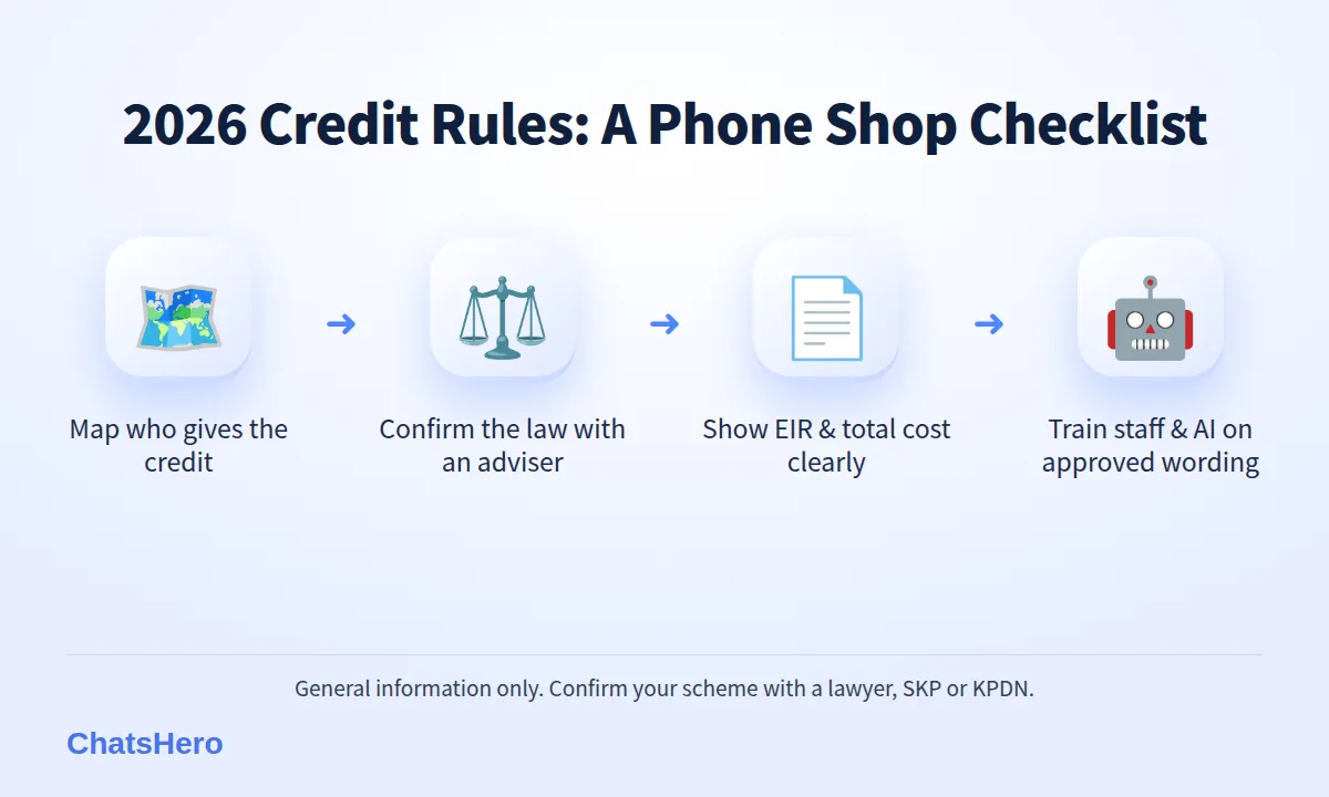 Four-step phone instalment shop law 2026 compliance flow: map the scheme, get advice, fix disclosure and copy, train staff and chatbot