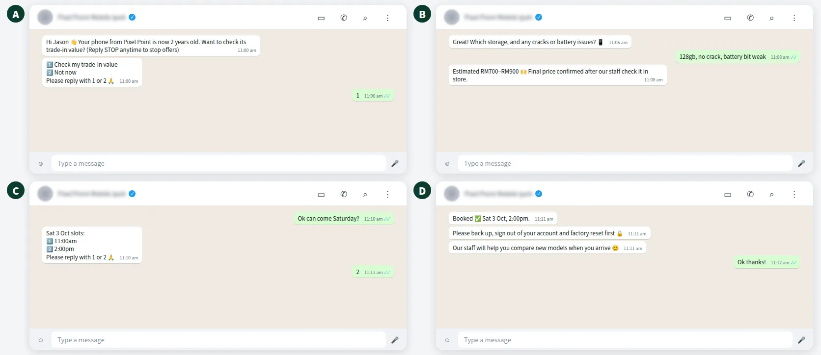 Example WhatsApp trade-in campaign chat with opt-out, price range and inspection booking