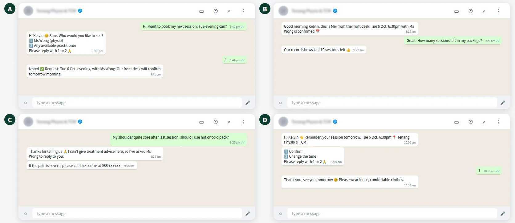 Example physio and TCM WhatsApp booking chat with practitioner preference and staff handover