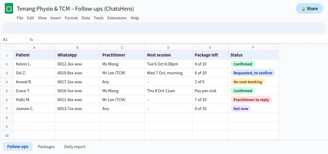Google Sheets record for physio and TCM follow-up bookings and package balances from WhatsApp
