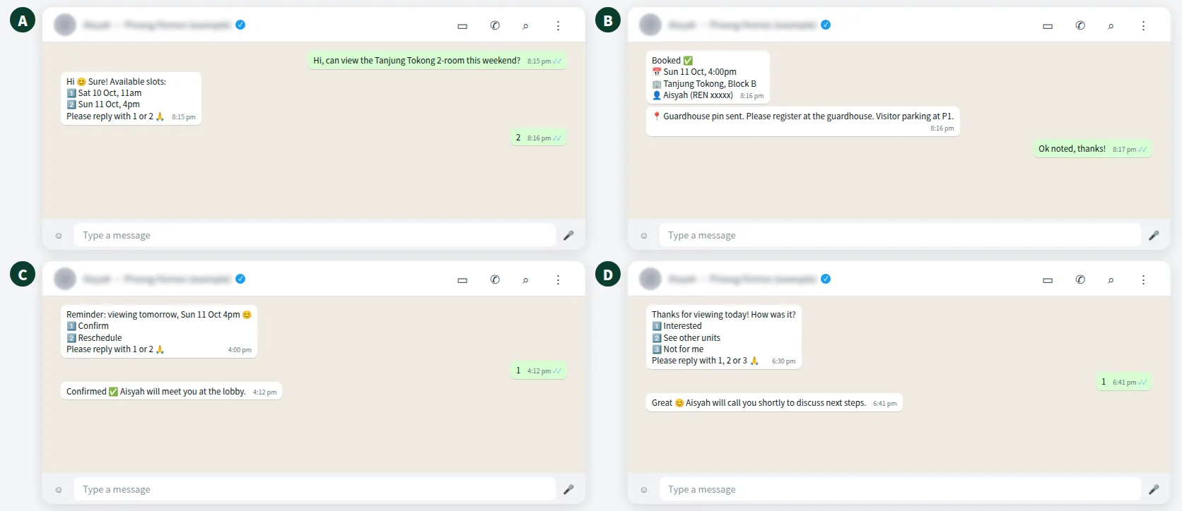 Example WhatsApp conversation booking a property viewing in Penang with calendar slots, reminder and follow-up