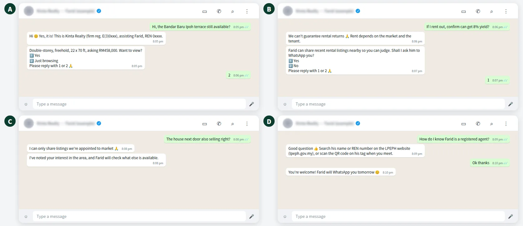 Example WhatsApp chat where an agency AI assistant shares registration details and avoids guaranteed returns