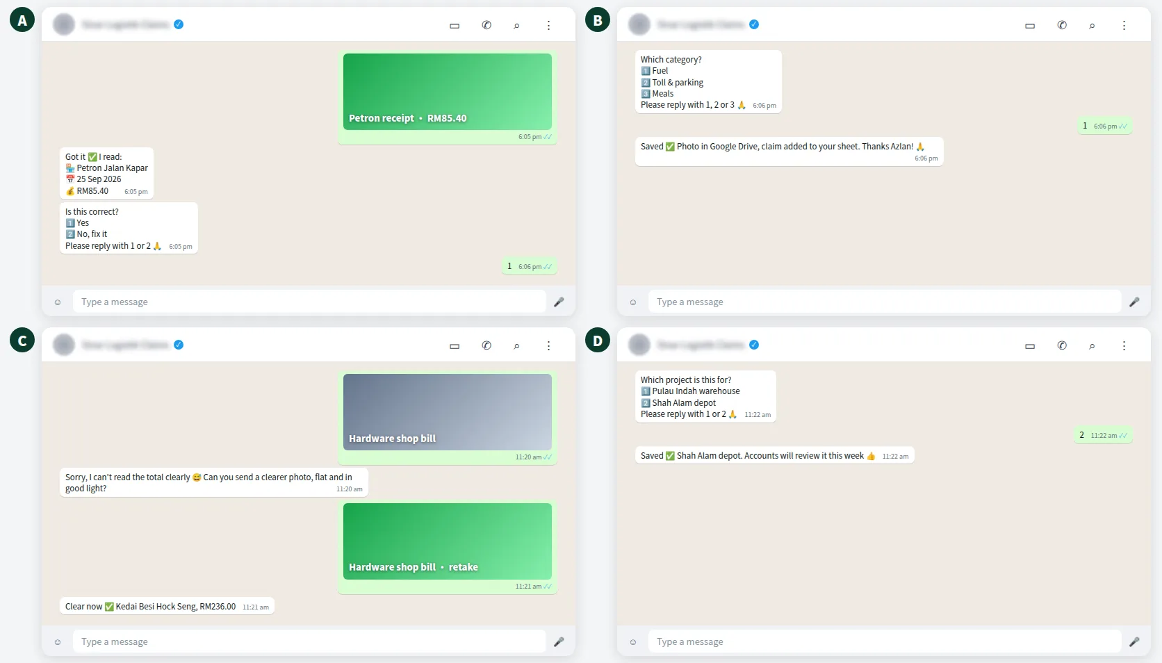 Example WhatsApp receipt scanner chats: fuel receipt, category question, blurry photo retake and project code