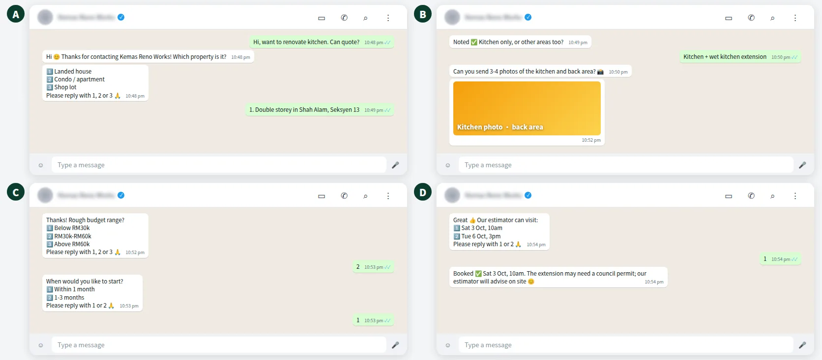 Example renovation enquiry on WhatsApp with scope, photos, budget range and site visit booking