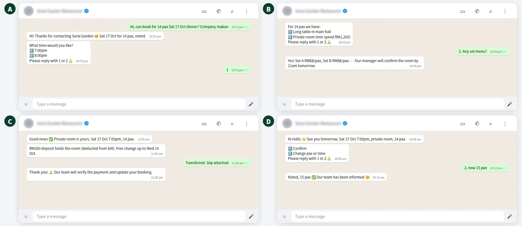 Example WhatsApp conversation for a restaurant group reservation with deposit and reminder