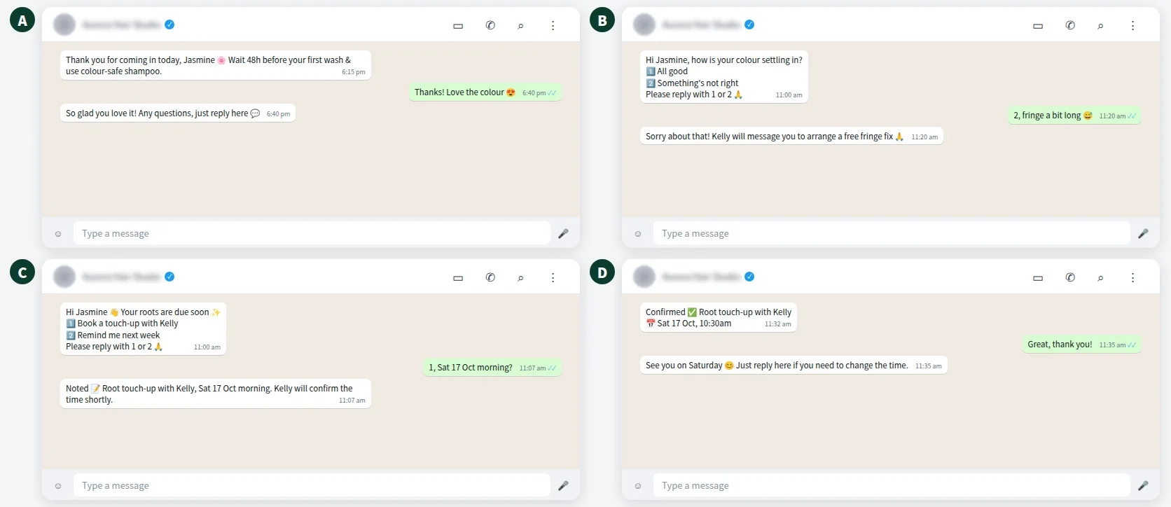 Example WhatsApp chat for a hair salon: aftercare, check-in and rebooking six weeks later