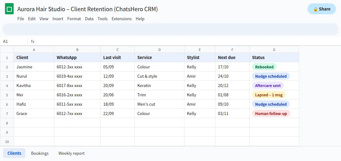 Google Sheets client list tracking last visit, next due date and rebooking status for salon customer retention