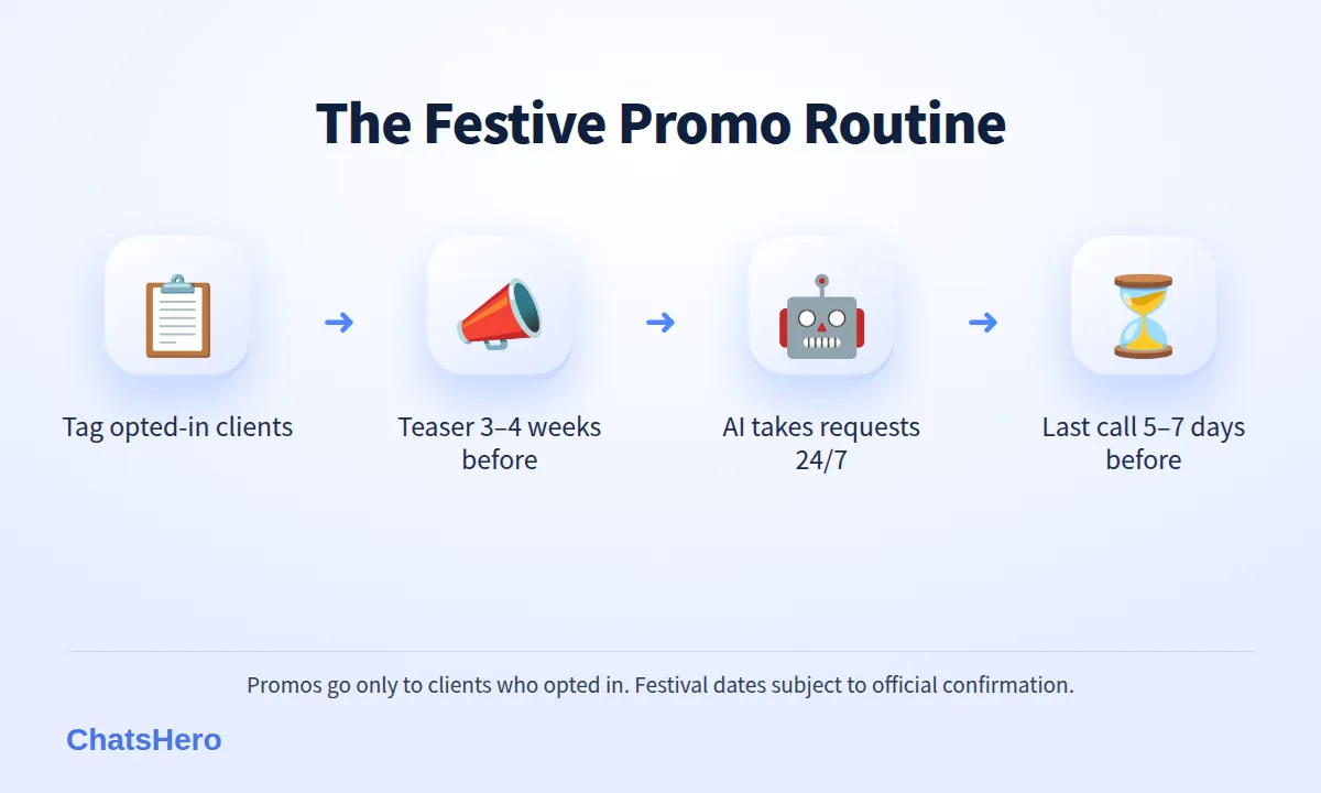Salon festive promotion WhatsApp workflow: prepare list, teaser, 24/7 bookings, last call