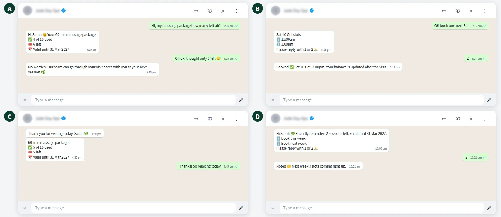 Illustrative WhatsApp conversation where a customer checks a spa package balance and books the next session