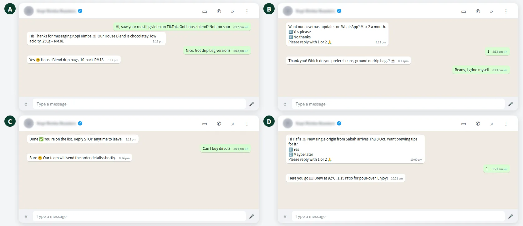 Example WhatsApp chat where a coffee roaster's AI answers a question and asks for opt-in consent