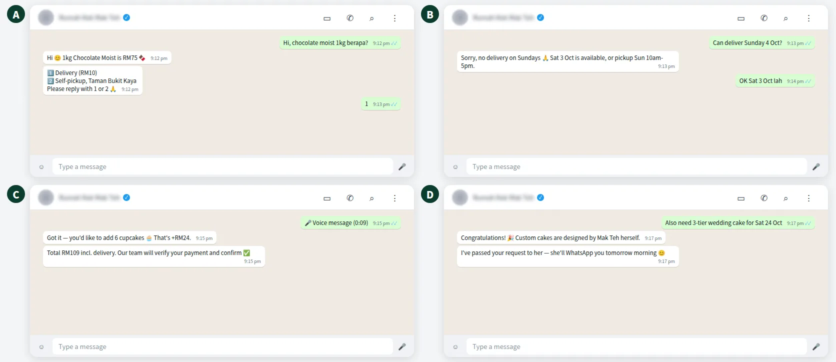 Test chat with a bakery WhatsApp AI trained from a voice note and price list screenshot