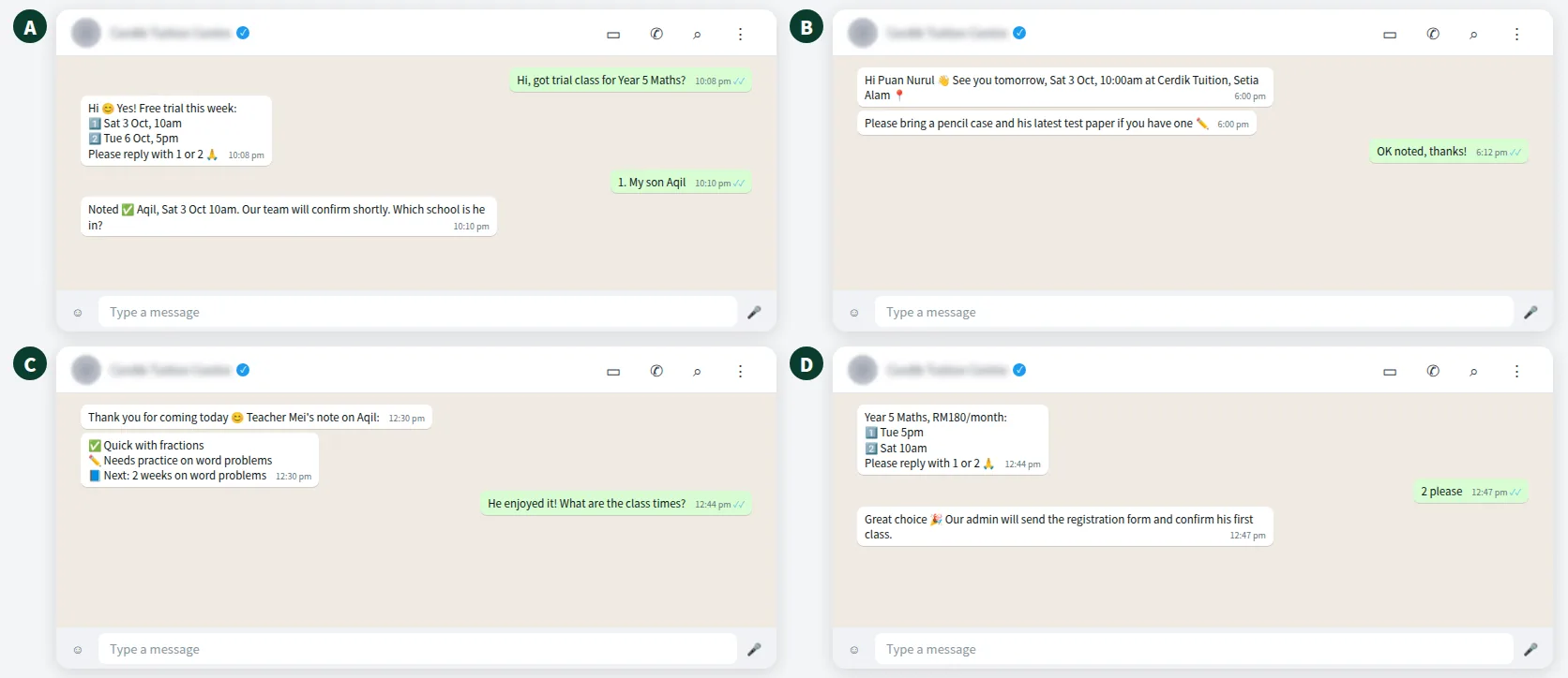 Example WhatsApp conversation for a tuition centre trial class booking, reminder, feedback and enrolment