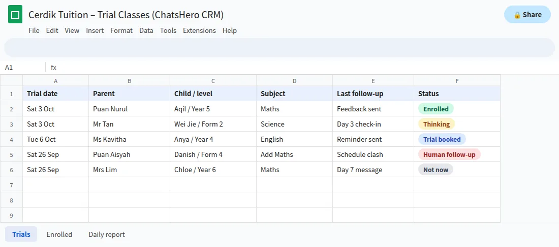 Google Sheets tracker for tuition centre trial classes and follow-up status