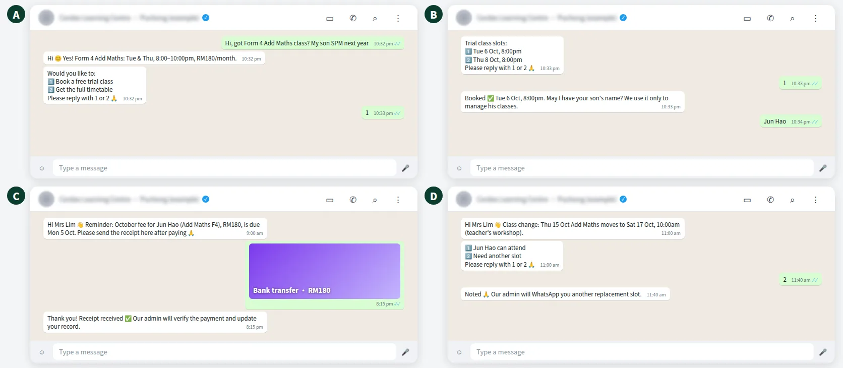 Example tuition centre WhatsApp chat: parent enquiry, trial class booking, fee reminder and class change