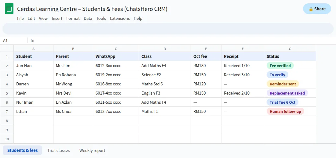 Google Sheet from a tuition centre WhatsApp system with students, subjects, fees and status
