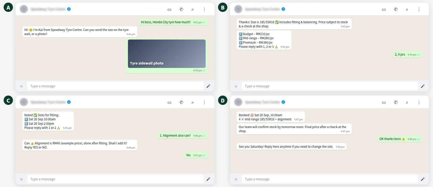 Example WhatsApp conversation of a tyre shop AI asking for the tyre size, quoting three options and booking a fitting slot
