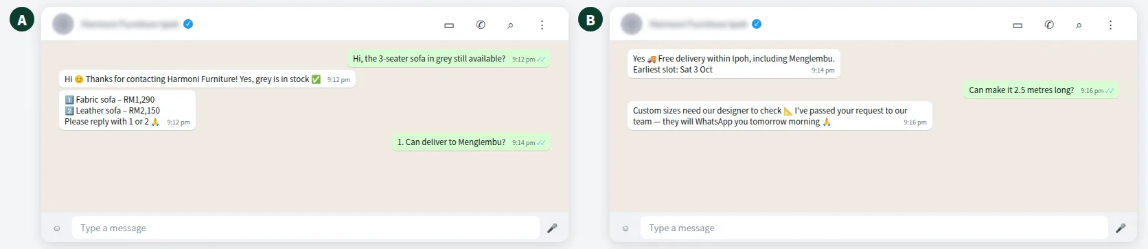 Example WhatsApp conversation on the official API: furniture enquiry, AI answer and human handover
