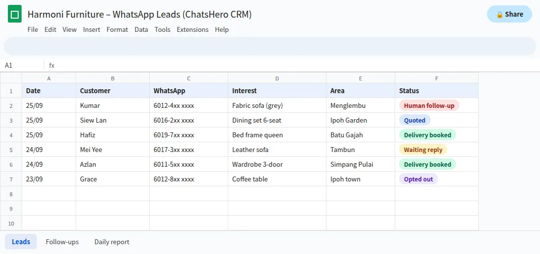 Google Sheets lead list filled automatically from official WhatsApp API conversations