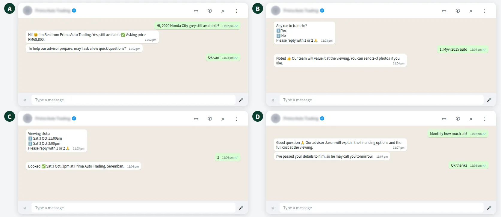Example WhatsApp chat of a used car dealer AI asking budget, trade-in and viewing time, then handing financing questions to an advisor