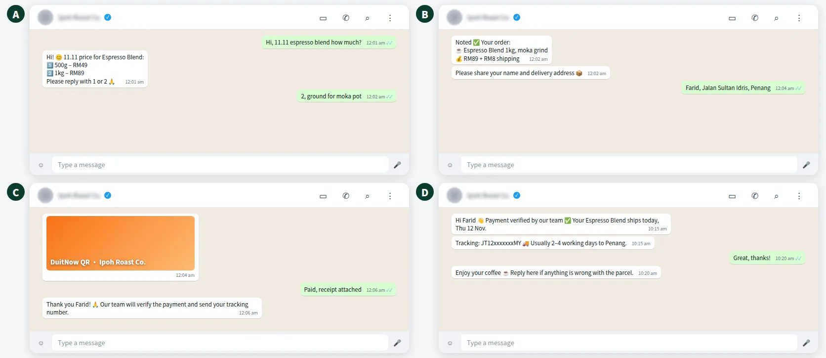 Illustrative WhatsApp conversation during an 11.11 sale: promo price, order summary and payment verification
