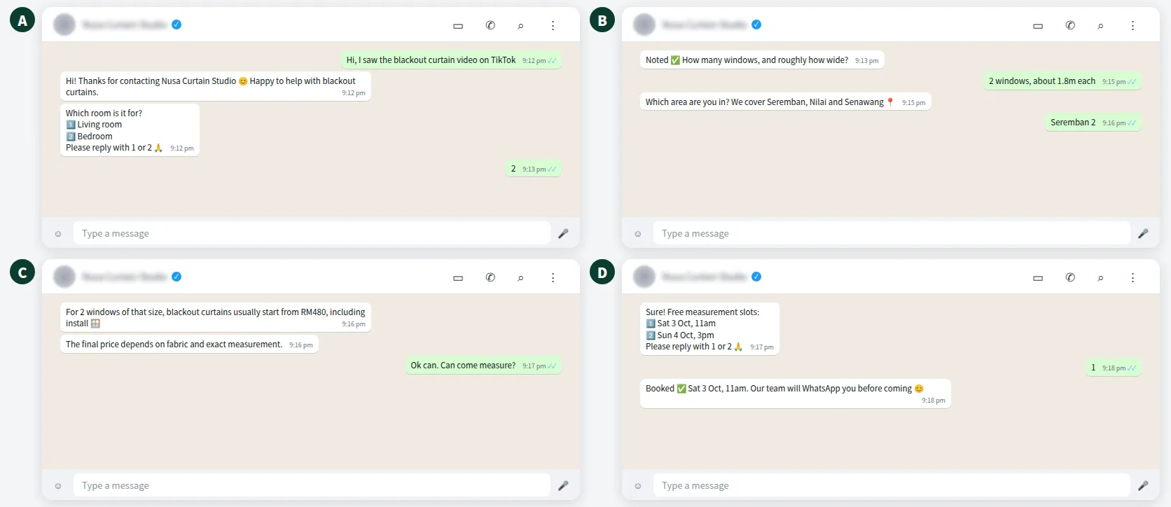 Example WhatsApp chat from a TikTok ad lead to a booked measurement visit for a curtain shop