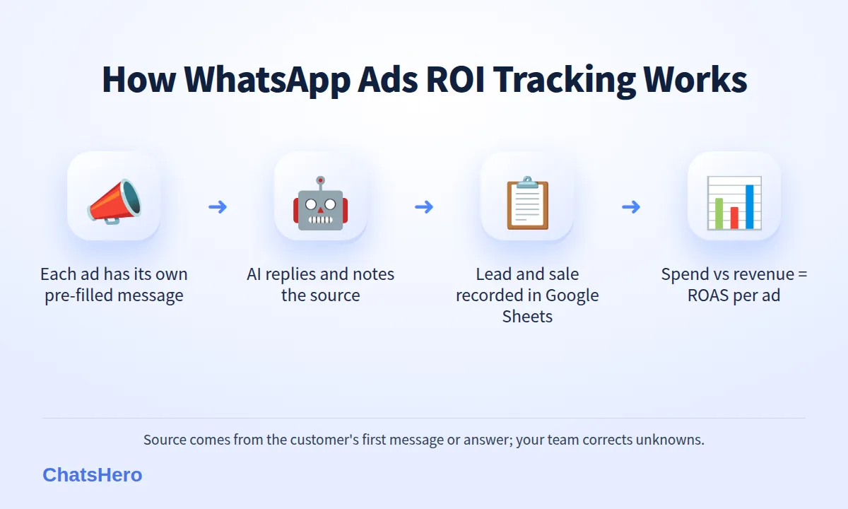 Four-step WhatsApp ads ROI tracking flow: ad with pre-filled message, AI reply, lead recorded in Google Sheets, ROI calculated