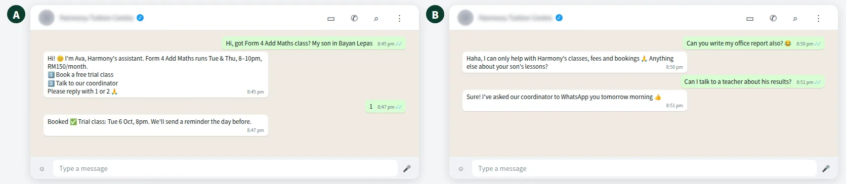 Example WhatsApp chat of a tuition centre AI assistant answering enrolment questions and politely declining an off-topic request