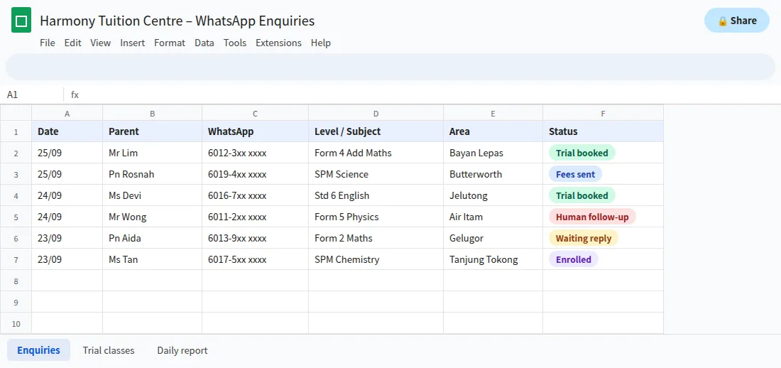 Google Sheets enquiry log from a WhatsApp AI chatbot for a tuition centre