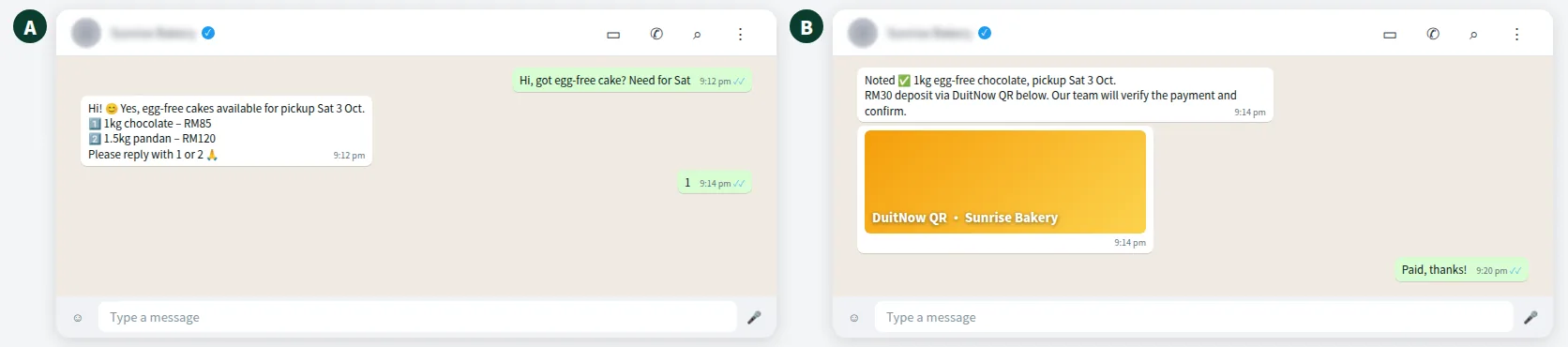 Example WhatsApp chat for a cake shop answering in one complete message to keep WhatsApp API costs low