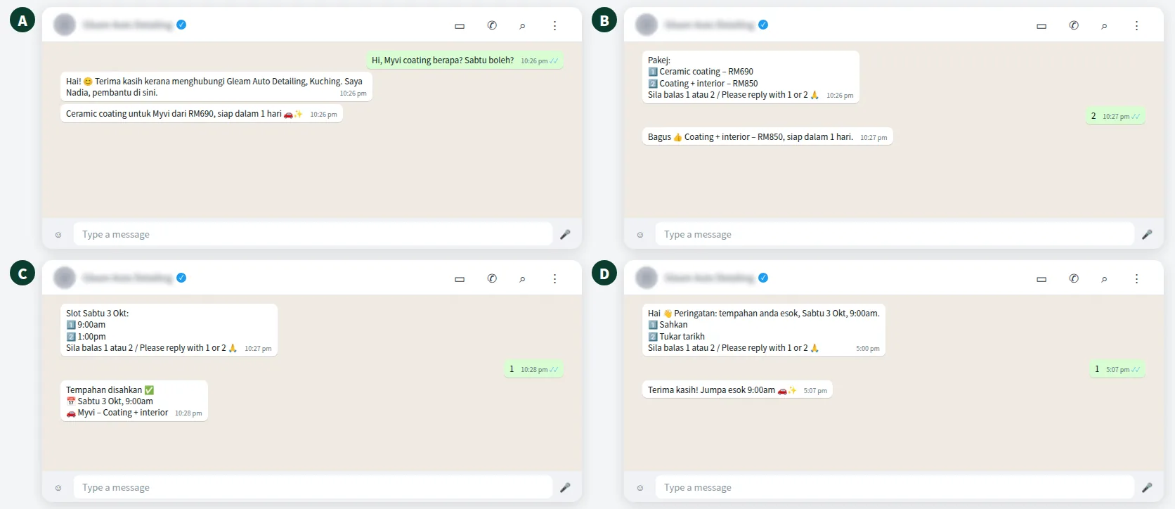 Example AI WhatsApp auto reply for a car detailing shop in Kuching booking a ceramic coating