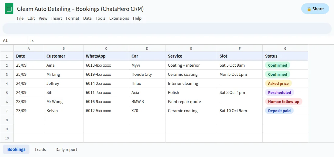 Google Sheets booking list filled automatically by a WhatsApp auto reply chatbot