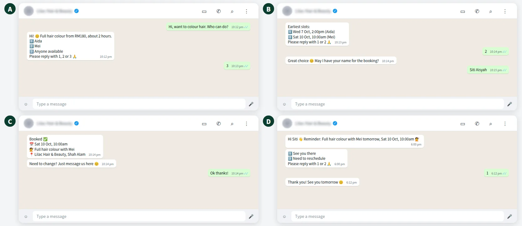 Illustrative WhatsApp conversation booking a hair colour appointment with a chosen stylist