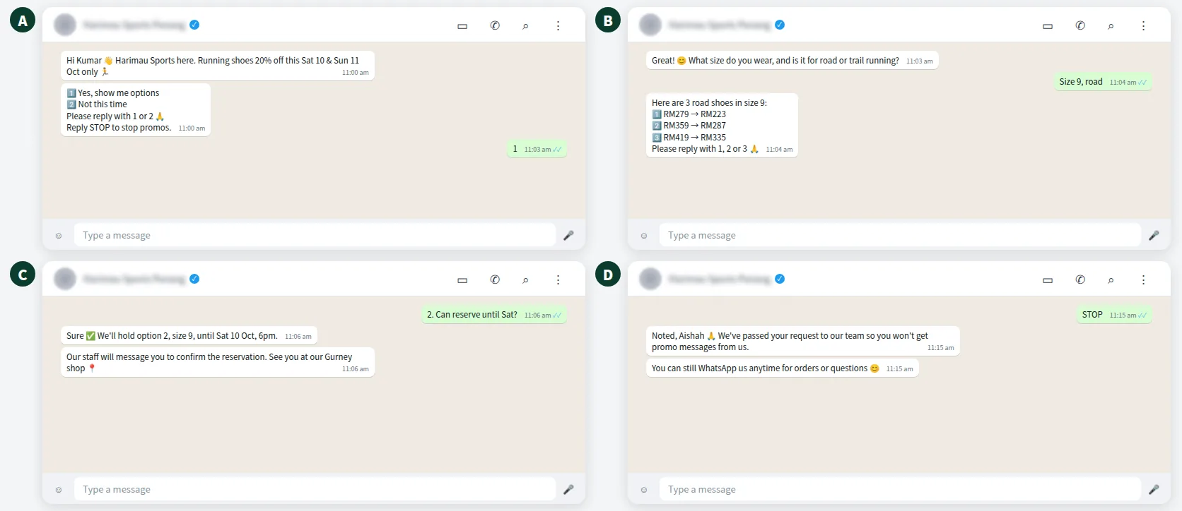 Example WhatsApp broadcast for a sports shoe shop and the AI follow-up conversation after the customer replies