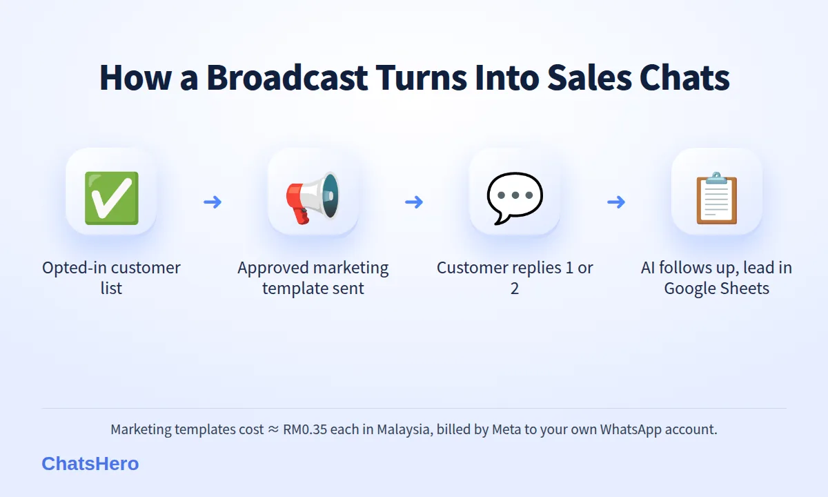 Four-step WhatsApp broadcast flow: opted-in list, marketing template, customer replies with a number, AI follow-up recorded in Google Sheets