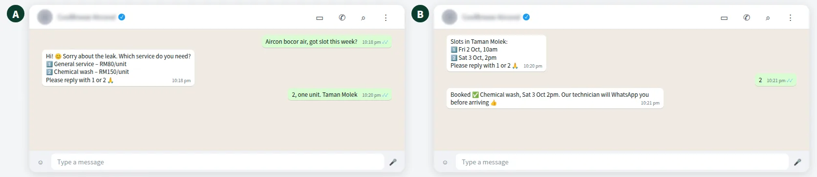 Example WhatsApp API chat for an aircon service company in Johor Bahru booking a chemical wash at night