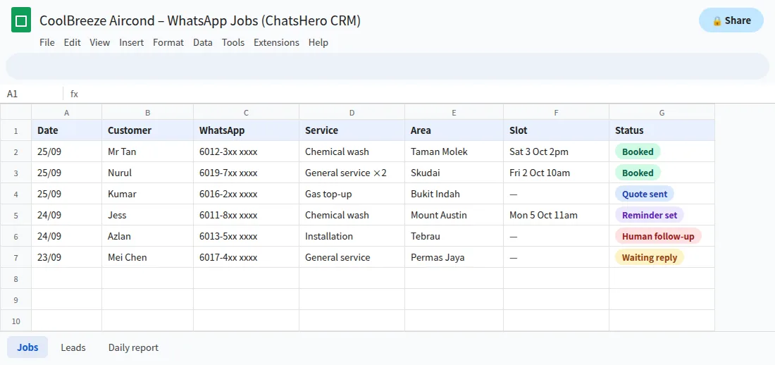 Google Sheets job list filled automatically by a WhatsApp API chatbot for an aircon service business