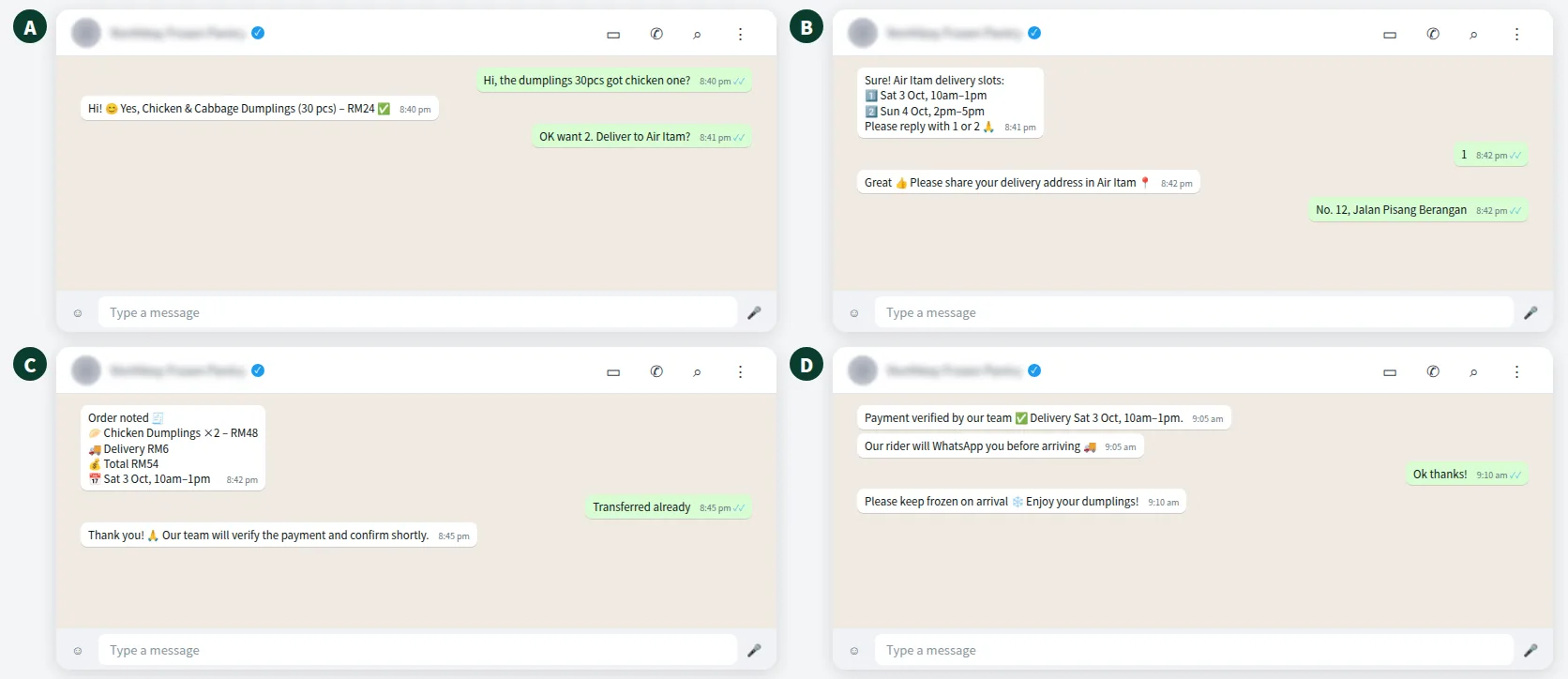 Illustrative WhatsApp ordering conversation for a frozen food shop using a product list and delivery slots