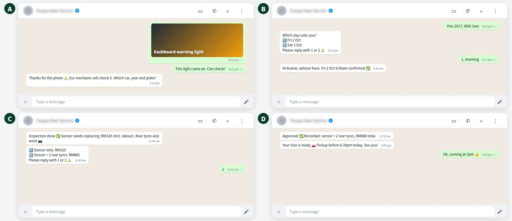 Example WhatsApp chat at a car workshop with a warning light photo, booking and extra work approval