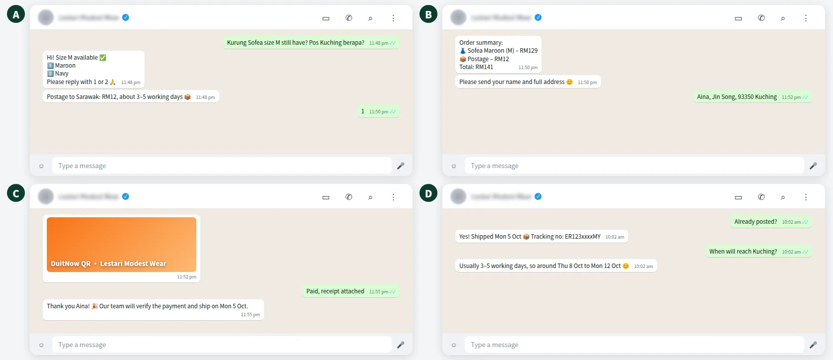Example WhatsApp chatbot conversation for a Malaysian online clothing store taking an order