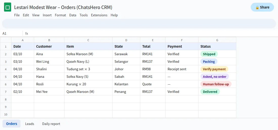 Google Sheets order tracker for an online store filled automatically from WhatsApp chats